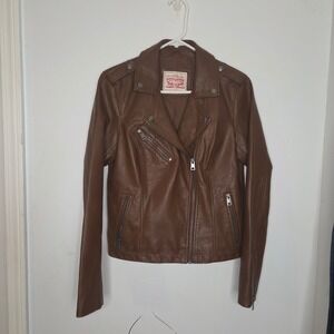 Levi Strauss & Co Womens Brown Faux Leather Moto Biker Jacket Size M Zip Up